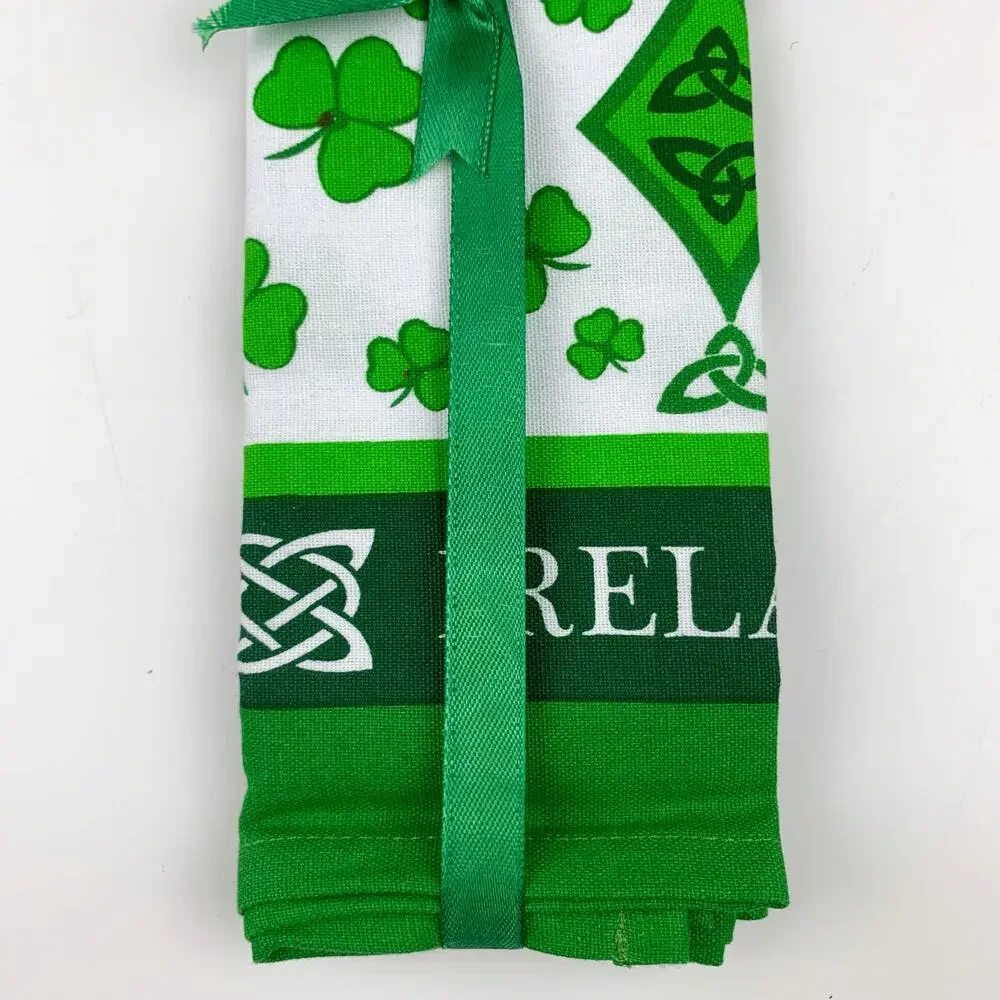 New Islandcraft Irish Tea Towel Scattered Shamrocks Design White Green Cotton